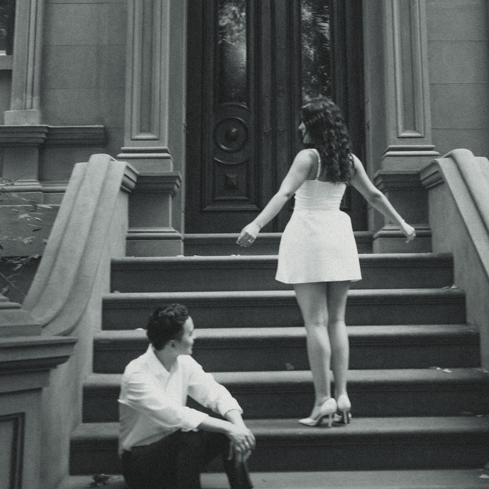 Brooklyn Heights Promenade Engagement Photos Brownstone Homes Couple Photos Vintage Black and White