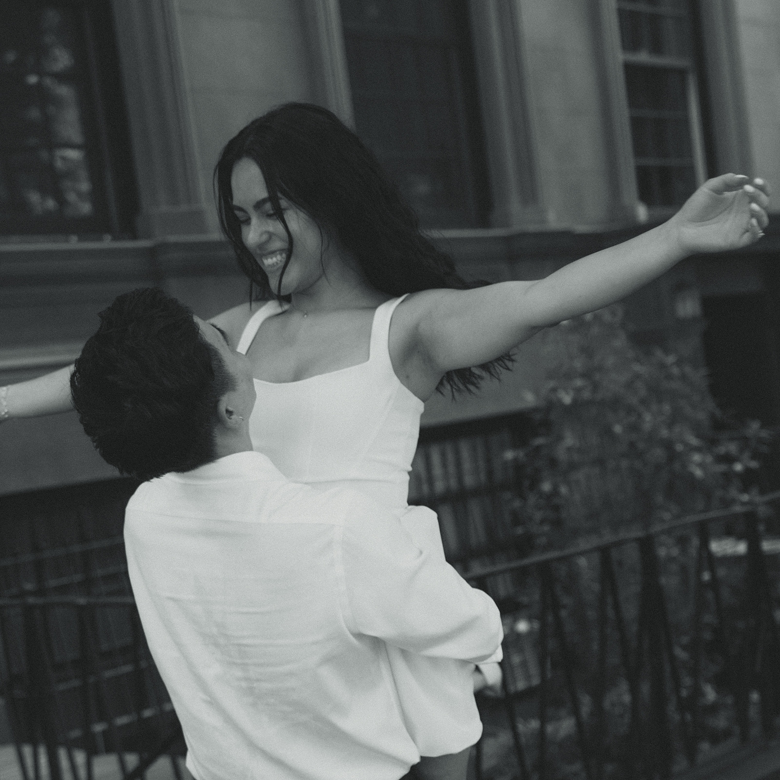 Playful Engagement Photos in Black and White in Brooklyn Heights, New York City, New York