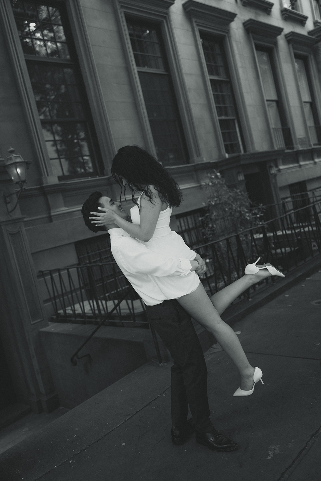 Playful Engagement Photos in Black and White in Brooklyn Heights, New York City, New York