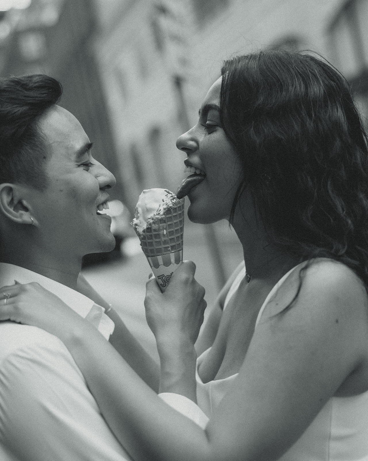 Vintage Black and White Ice Cream Fun Playful Engagement Photos in Dumbo, Brooklyn, NYC