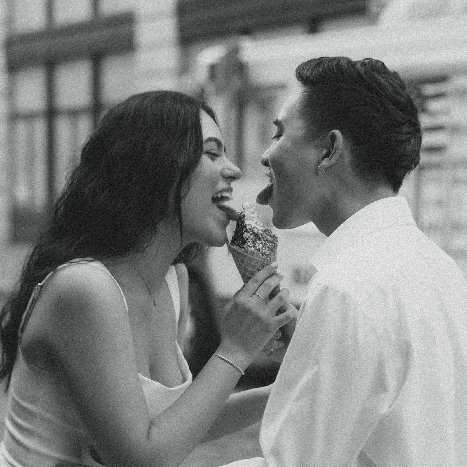 Ice Cream Fun Playful Engagement Photos in Dumbo, Brooklyn, NYC Black and White