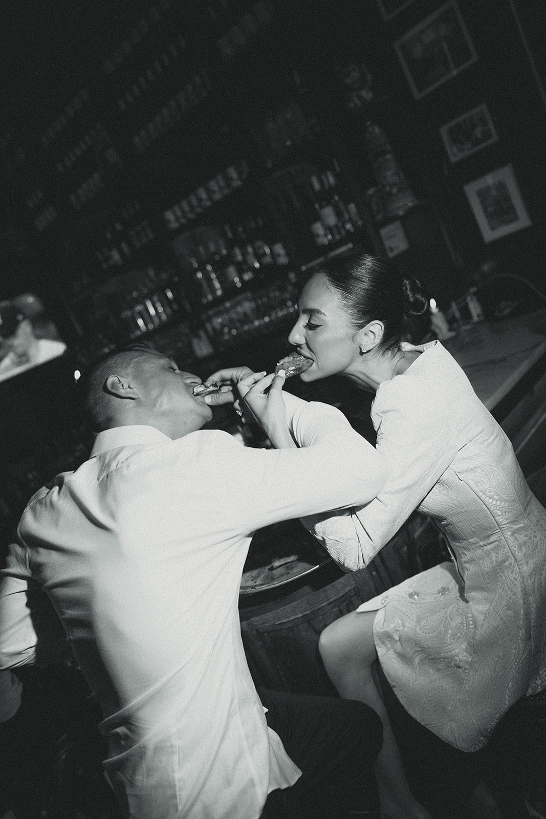 Couple Eating Pizza Engagement Photos in New York City Fun Couple Photos Black and White