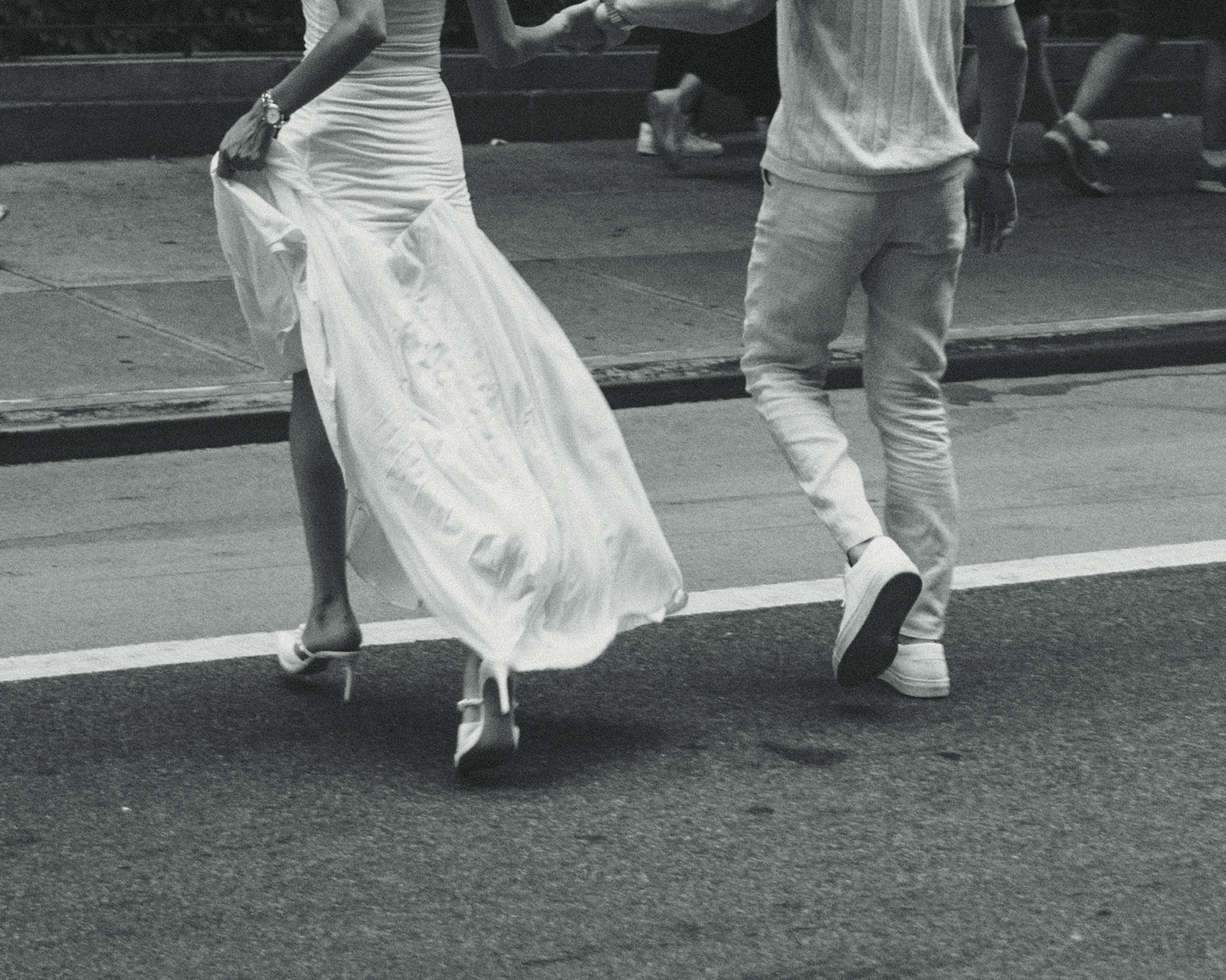 Running Couple Black and White Vintage Engagement Photos in New York City, NY