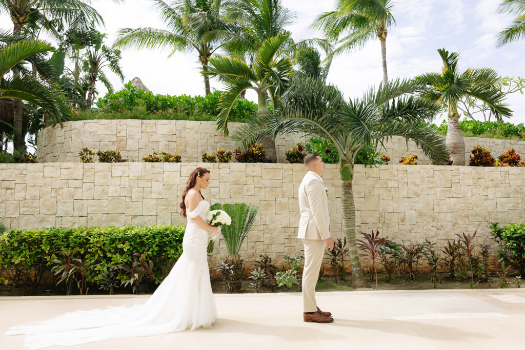 Bride and Groom First Look at Dreams Playa Mujeres Mexico Wedding