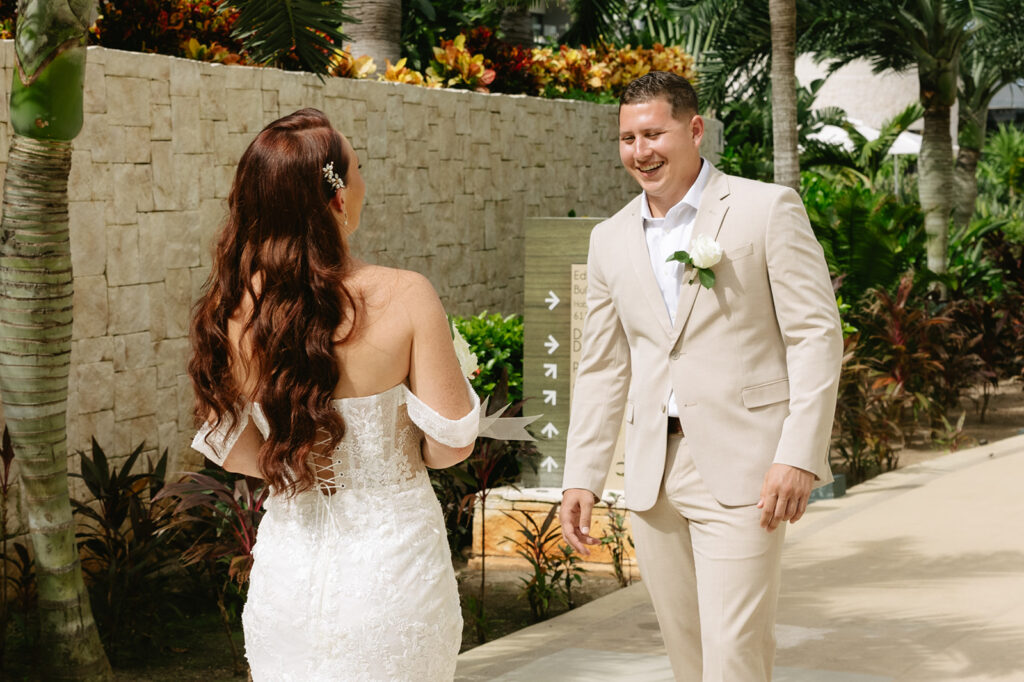 Bride and Groom First Look at Dreams Playa Mujeres Mexico Wedding