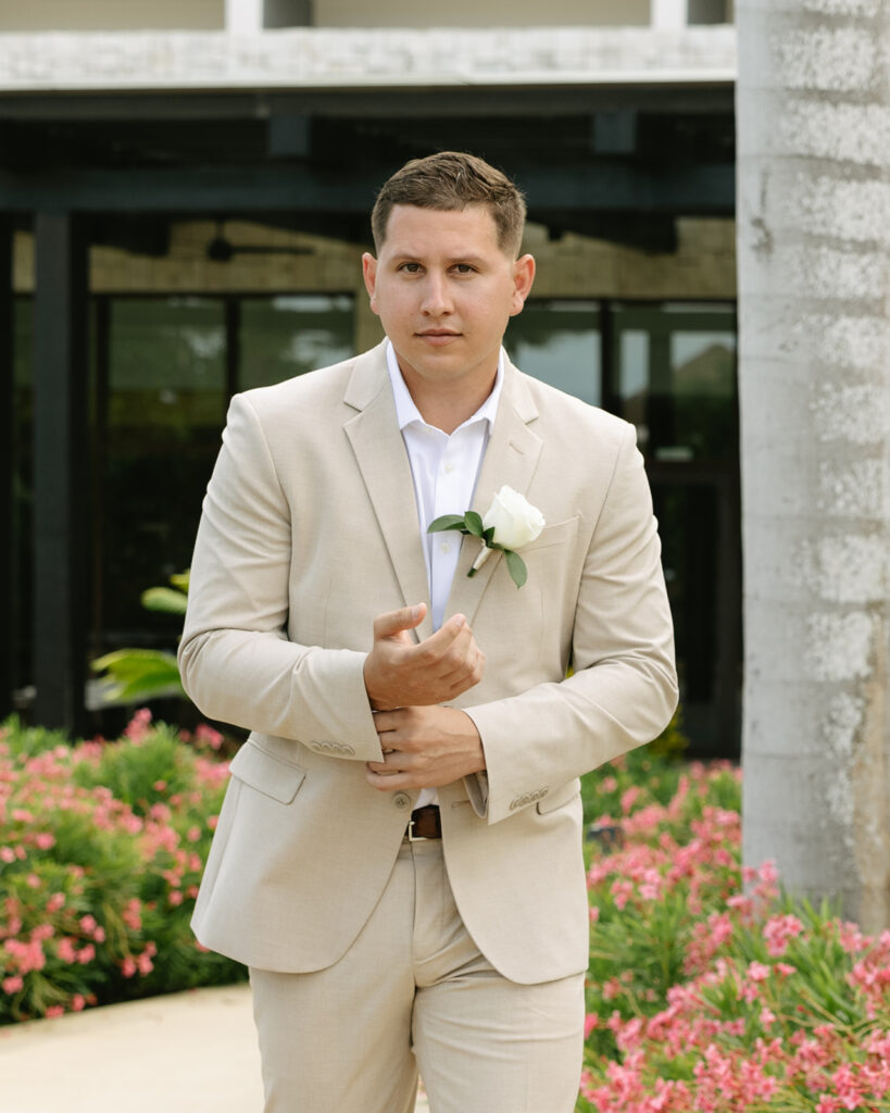 Groom Getting Ready Portraits at Dreams Playa Mujeres Mexico Wedding