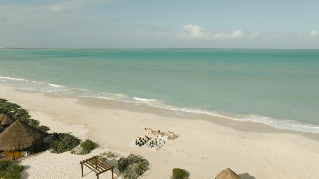 Beach Wedding Ceremony at Dreams Playa Mujeres Mexico Wedding Aerial Photography