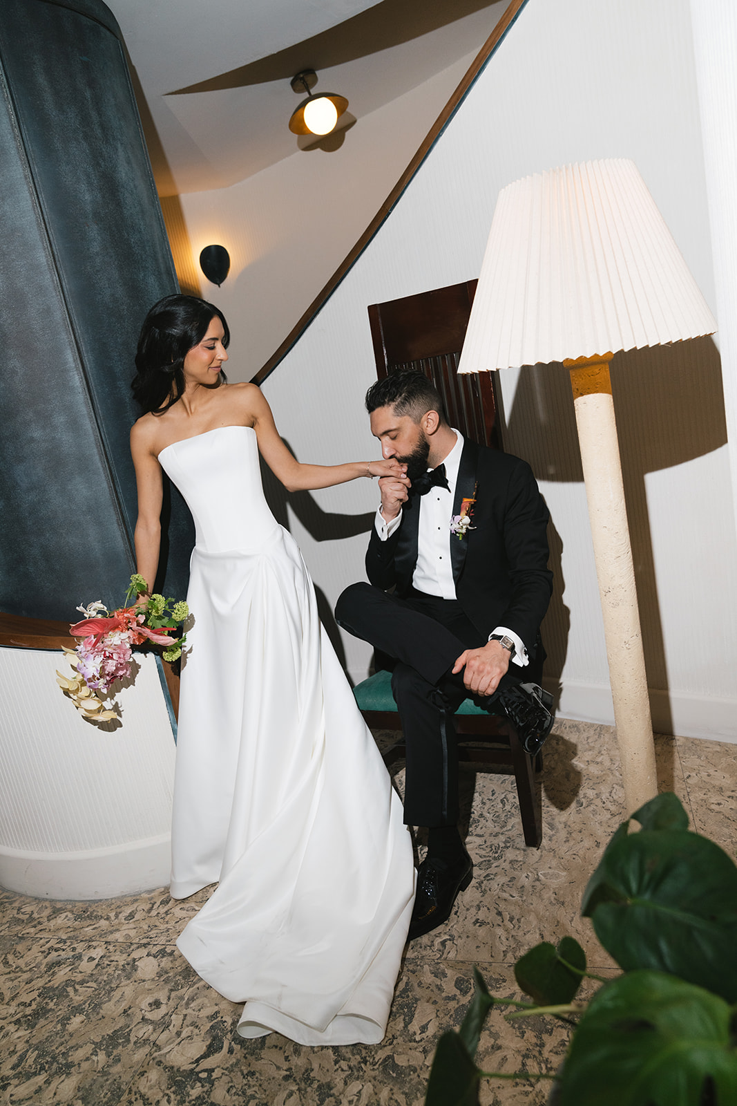 Modern indoor wedding photography from a luxurious New York City wedding day, featuring a bride and groom inside an elegant New York City hotel venue, showcasing a seamless city celebration.