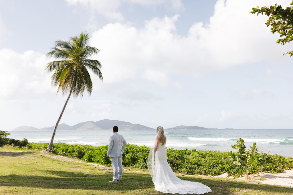 A bride in a lace gown and a groom in a light-colored suit standing on a grassy shore by a palm tree during their first look, illustrating how hiring a wedding planner ensures stress-free coordination for tropical destination weddings.